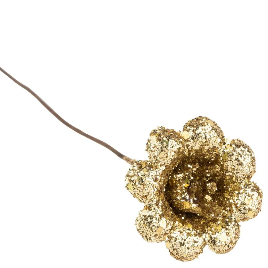 Deko-Zweige, Blüte 1, 10cm lang, am Draht, goldener Glimmer, 12 Stück