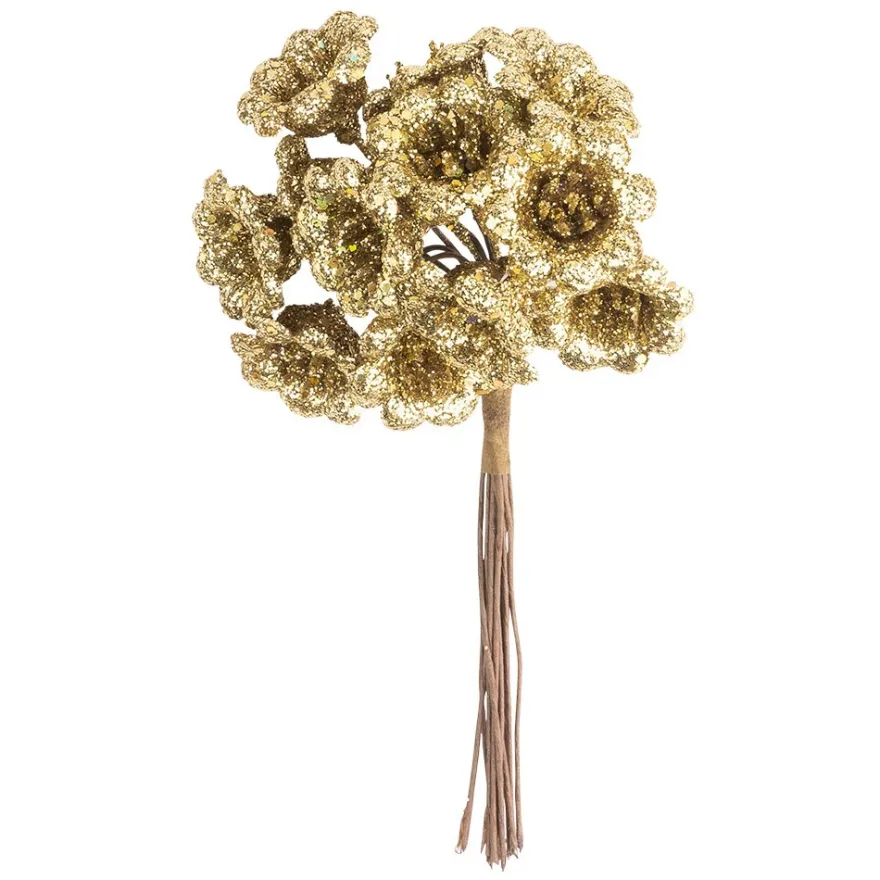 Deko-Zweige, Blüte 1, 10cm lang, am Draht, goldener Glimmer, 12 Stück