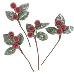 Deko-Zweige, gefrostete Beeren, 12cm lang, 6cm breit, 3 rote Beeren à Ø1,5cm je Zweig, 4 Stück