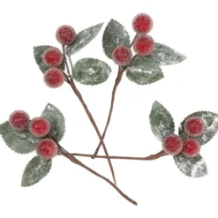 Deko-Zweige, gefrostete Beeren, 12cm lang, 6cm breit, 3 rote Beeren à Ø1,5cm je Zweig, 4 Stück