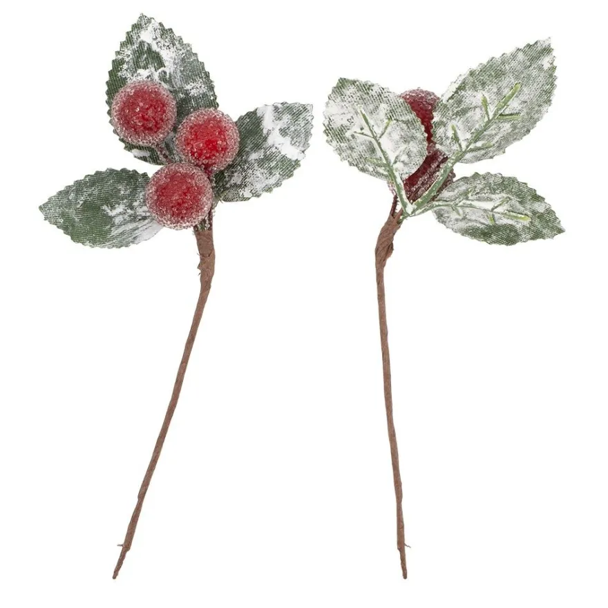 Deko-Zweige, gefrostete Beeren, 12cm lang, 6cm breit, 3 rote Beeren à Ø1,5cm je Zweig, 4 Stück