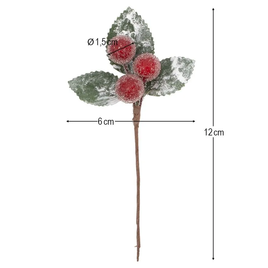 Deko-Zweige, gefrostete Beeren, 12cm lang, 6cm breit, 3 rote Beeren à Ø1,5cm je Zweig, 4 Stück
