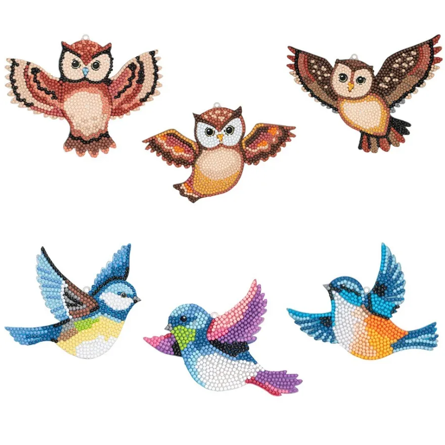 Diamond-Painting-Anhänger, Eulen & Singvögel, 1,7mm stark, doppelseitig, mit Zubehör, 6 Stück