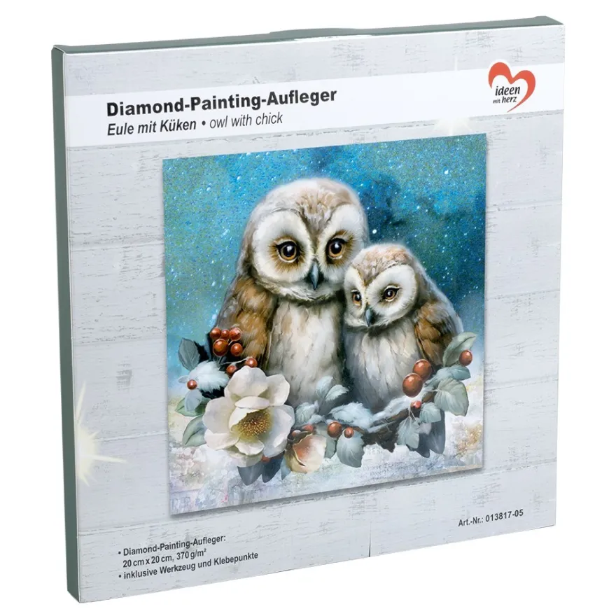Diamond-Painting-Aufleger, Eule mit Küken, 20cm x 20cm, 370g/m², inkl. Zubehör