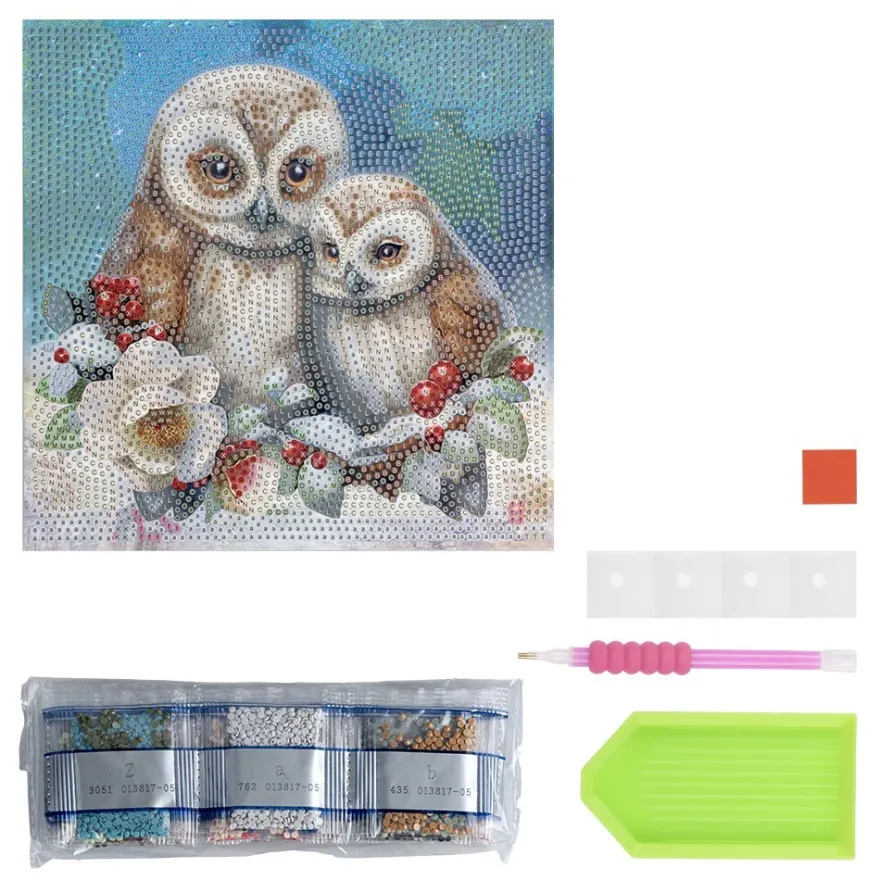 Diamond-Painting-Aufleger, Eule mit Küken, 20cm x 20cm, 370g/m², inkl. Zubehör