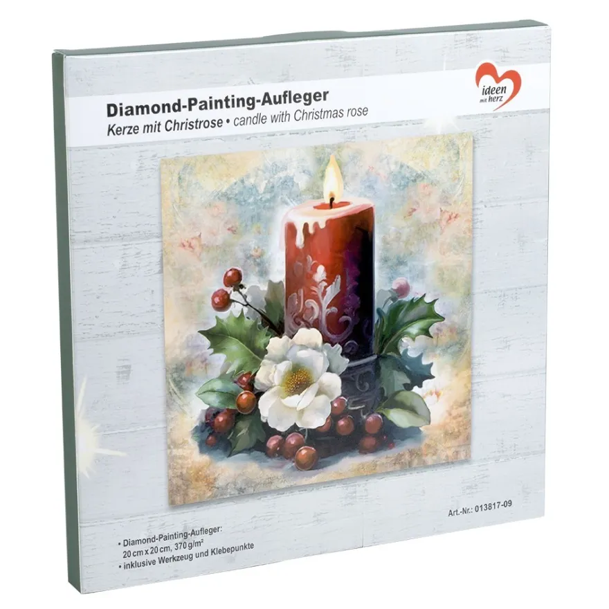 Diamond-Painting-Aufleger, Kerze mit Christrose, 20cm x 20cm, 370g/m², inkl. Zubehör