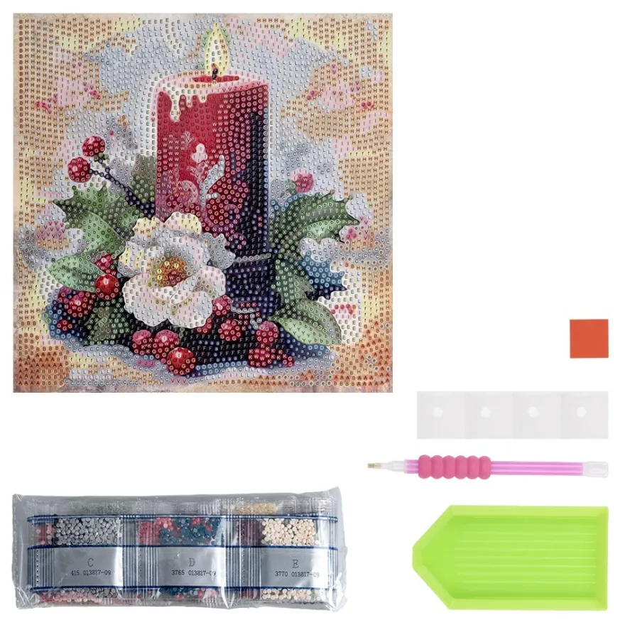 Diamond-Painting-Aufleger, Kerze mit Christrose, 20cm x 20cm, 370g/m², inkl. Zubehör