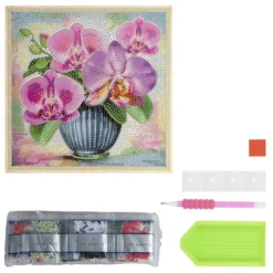 Diamond-Painting-Aufleger, Orchideen in Vase, 20cm x 20cm, 370g/m², inkl. Zubehör