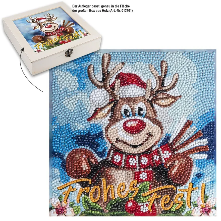 Diamond-Painting-Aufleger, Rentier Rudolph • Frohes Fest, 20cm x 20cm, 370g/m², inkl. Zubehör