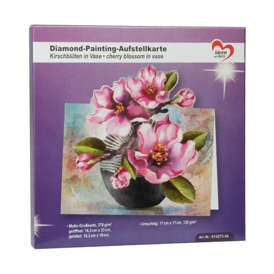 Diamond-Painting-Aufstellkarte, Kirschblüten in Vase, 16,3cm x 16cm, inkl. Zubehör
