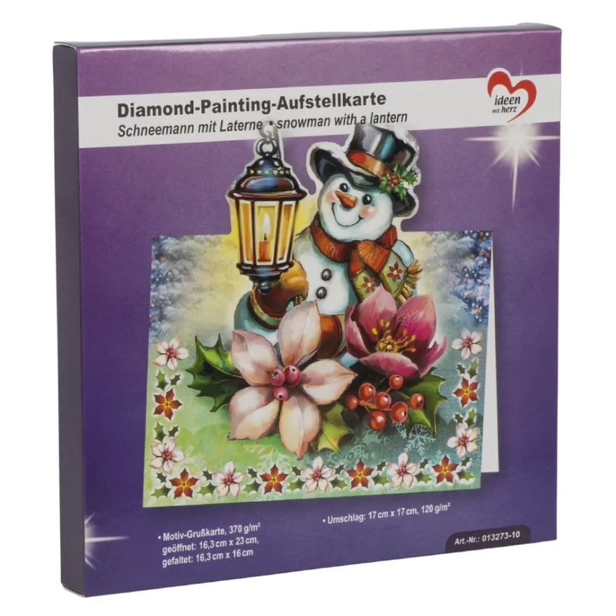 Diamond-Painting-Aufstellkarte, Schneemann mit Laterne, 16,3cm x 16cm, inkl. Umschlag & Werkzeug