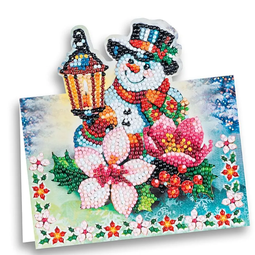 Diamond-Painting-Aufstellkarte, Schneemann mit Laterne, 16,3cm x 16cm, inkl. Umschlag & Werkzeug