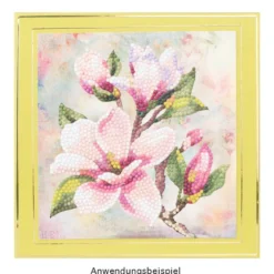 Diamond-Painting-Aufstellkarte, Magnolien in Weiß-pink, 16,3cm x 16cm, inkl. Zubehör