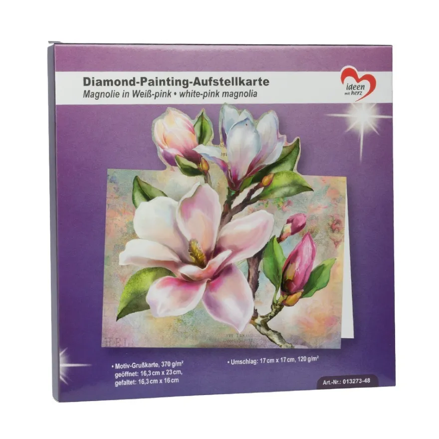 Diamond-Painting-Aufstellkarte, Magnolien in Weiß-pink, 16,3cm x 16cm, inkl. Zubehör