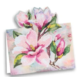 Diamond-Painting-Aufstellkarte, Magnolien in Weiß-pink, 16,3cm x 16cm, inkl. Zubehör