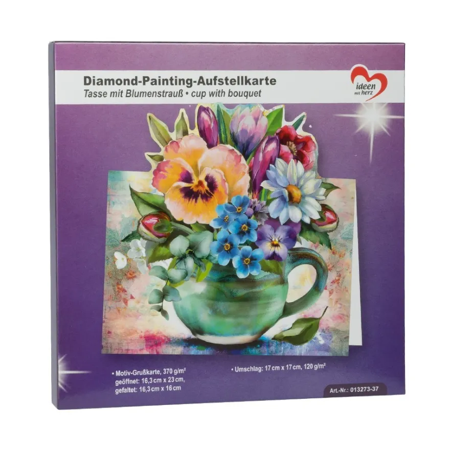 Diamond-Painting-Aufstellkarte, Tasse mit Blumenstrauß, 16,3cm x 16cm, inkl. Zubehör
