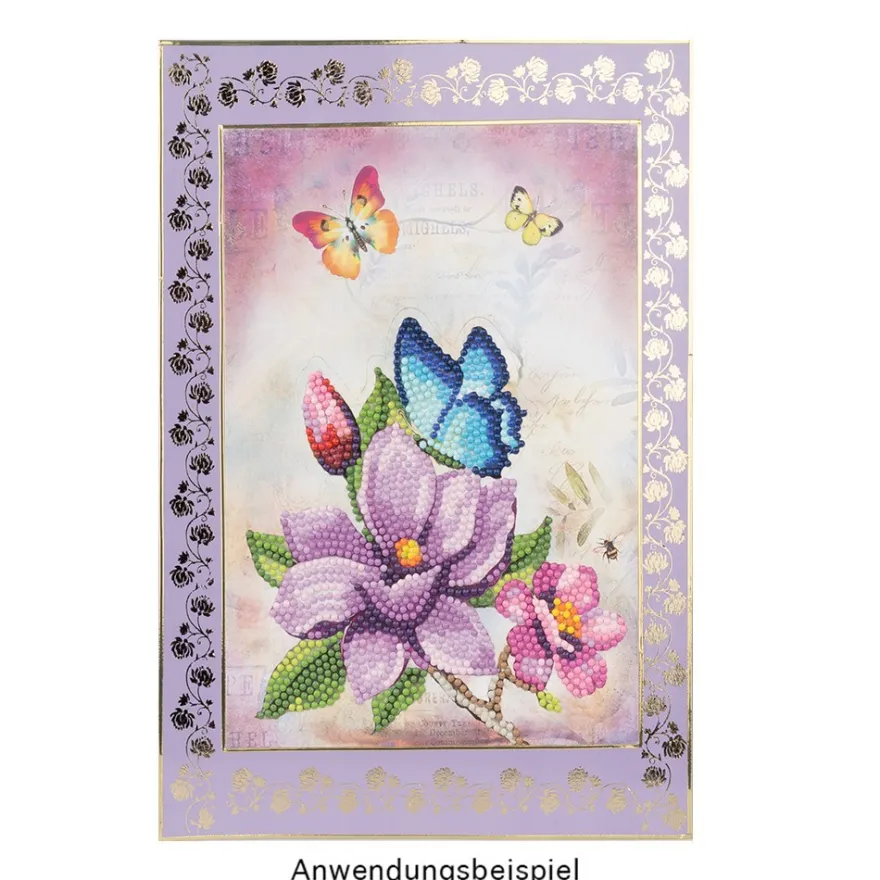 Diamond-Painting-Aufstellkarte, Magnolie mit blauem Schmetterling, 16,3cm x 16cm, inkl. Zubehör