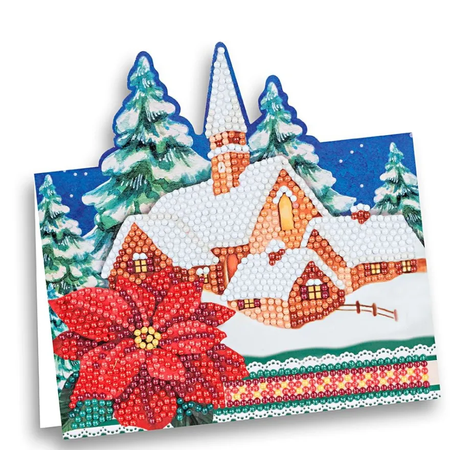 Diamond-Painting-Aufstellkarte, Kirche im Schnee, 16,3cm x 16cm, inkl. Umschlag & Werkzeug