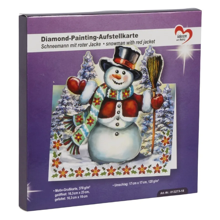Diamond-Painting-Aufstellkarte, Schneemann mit roter Jacke, 16,3cm x 16cm, inkl. Umschlag & Werkzeug