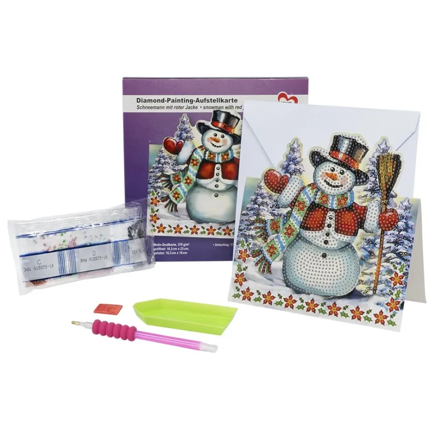 Diamond-Painting-Aufstellkarte, Schneemann mit roter Jacke, 16,3cm x 16cm, inkl. Umschlag & Werkzeug