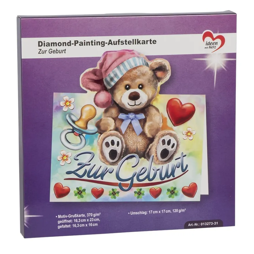 Diamond-Painting-Aufstellkarte, Zur Geburt, 16,3cm x 16cm, inkl. Umschlag & Werkzeug
