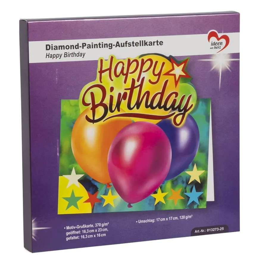 Diamond-Painting-Aufstellkarte, Happy Birthday, 16,3cm x 16cm, inkl. Umschlag & Werkzeug