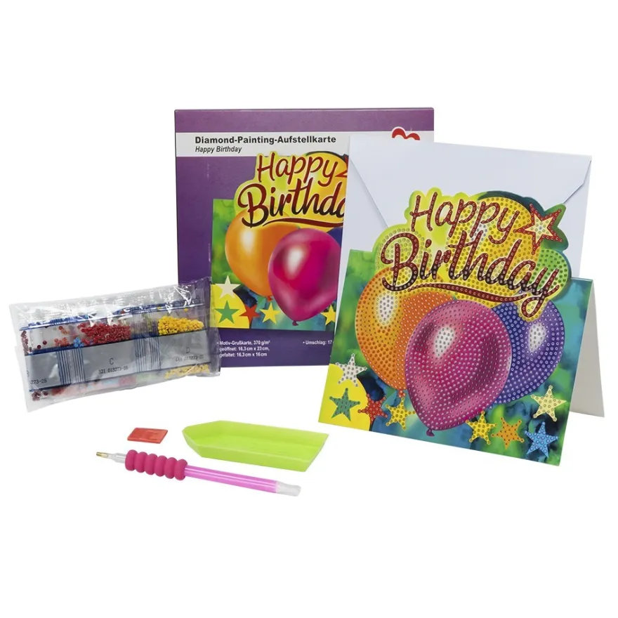 Diamond-Painting-Aufstellkarte, Happy Birthday, 16,3cm x 16cm, inkl. Umschlag & Werkzeug