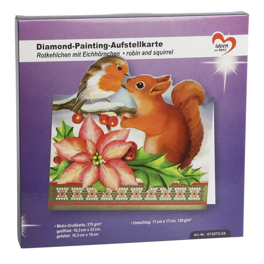 Diamond-Painting-Aufstellkarte, Rotkehlchen mit Eichhörnchen, 16,3cm x 16cm, inkl. Zubehör