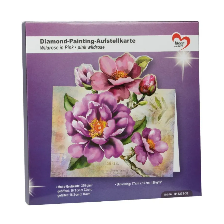 Diamond-Painting-Aufstellkarte, Wildrose in Pink, 16,3cm x 16cm, inkl. Zubehör