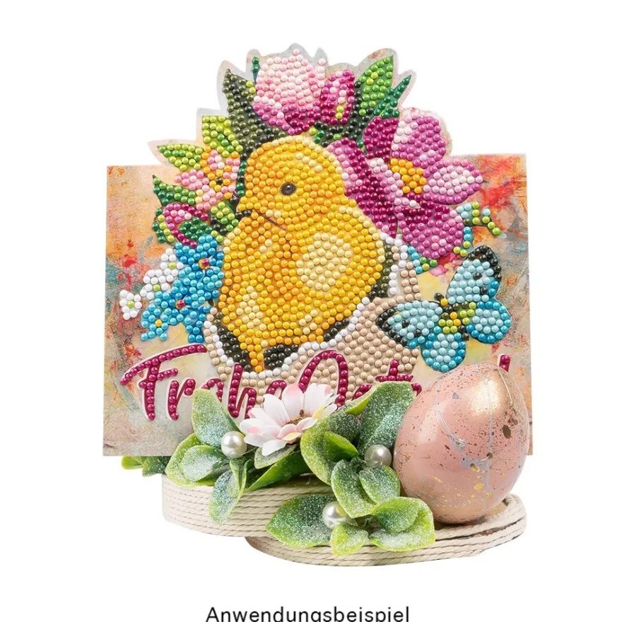 Diamond-Painting-Aufstellkarte, Küken mit Blumen, 16,3cm x 16cm, inkl. Zubehör