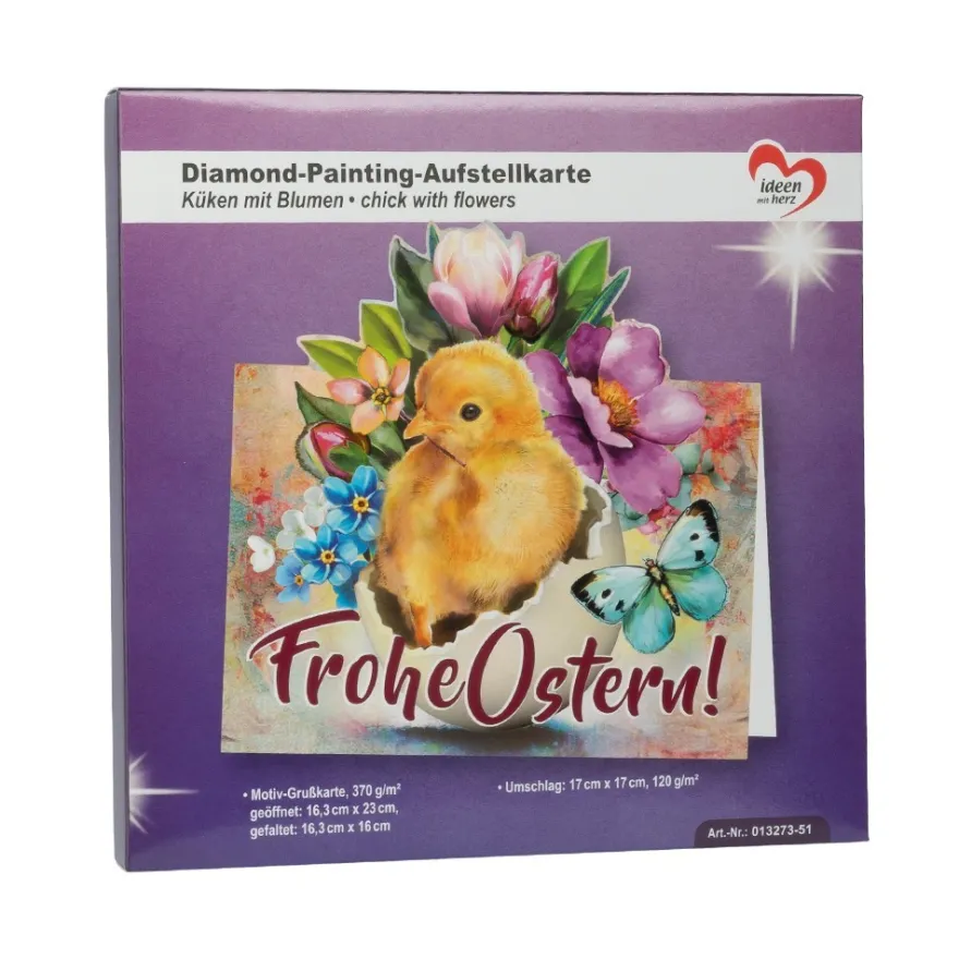 Diamond-Painting-Aufstellkarte, Küken mit Blumen, 16,3cm x 16cm, inkl. Zubehör