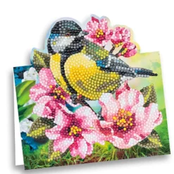 Diamond-Painting-Aufstellkarte, Kohlmeise mit Blüten, 16,3cm x 16cm, inkl. Zubehör