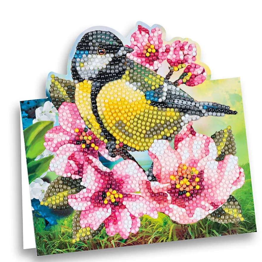 Diamond-Painting-Aufstellkarte, Kohlmeise mit Blüten, 16,3cm x 16cm, inkl. Zubehör