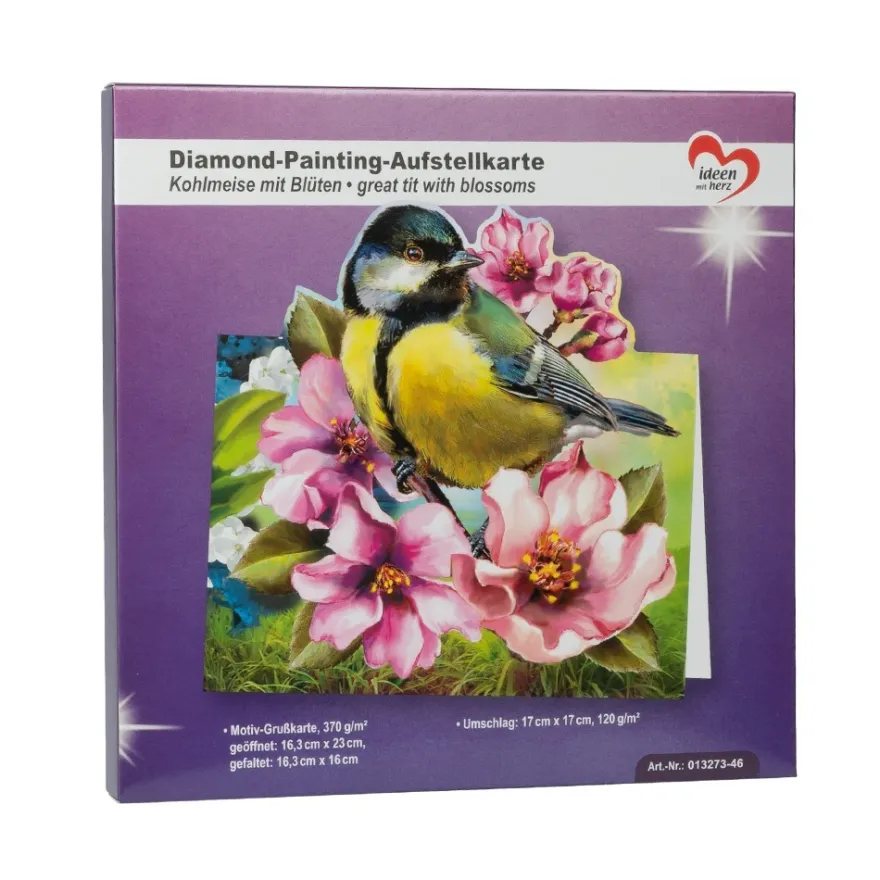 Diamond-Painting-Aufstellkarte, Kohlmeise mit Blüten, 16,3cm x 16cm, inkl. Zubehör