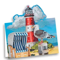 Diamond-Painting-Aufstellkarte, Möwe mit Leuchtturm, 16,3cm x 16cm, inkl. Zubehör