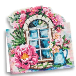 Diamond-Painting-Aufstellkarte, Fenster mit Blumen, 16,3cm x 16cm, inkl. Zubehör