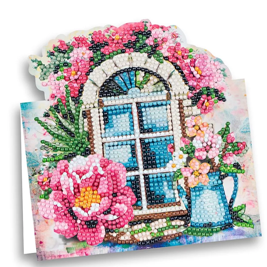 Diamond-Painting-Aufstellkarte, Fenster mit Blumen, 16,3cm x 16cm, inkl. Zubehör