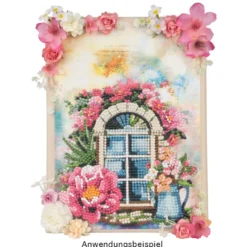 Diamond-Painting-Aufstellkarte, Fenster mit Blumen, 16,3cm x 16cm, inkl. Zubehör