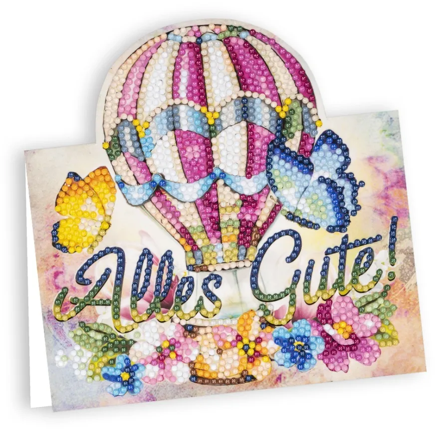 Diamond-Painting-Aufstellkarte, Heißluftballon - Alles Gute!, 16,3cm x 16cm, inkl. Zubehör