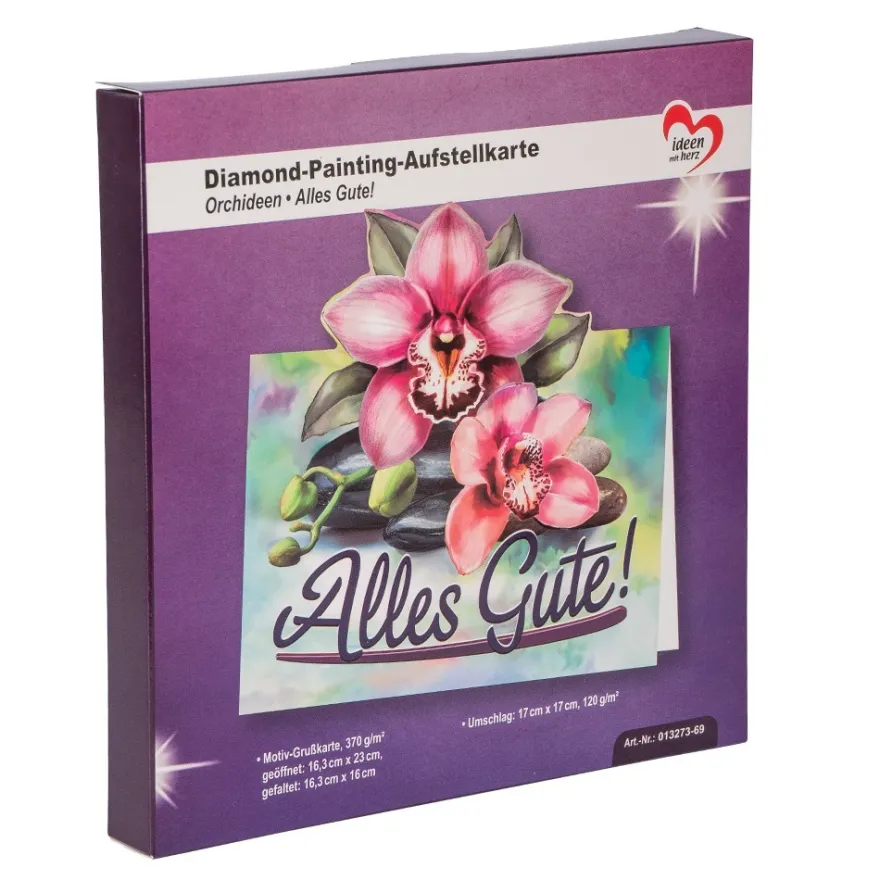 Diamond-Painting-Aufstellkarte, Orchideen - Alles Gute!, 16,3cm x 16cm, inkl. Zubehör