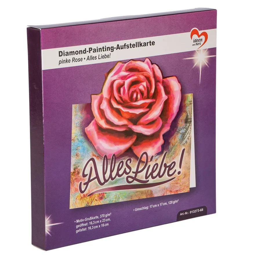 Diamond-Painting-Aufstellkarte, pinke Rose - Alles Liebe!, 16,3cm x 16cm, inkl. Zubehör