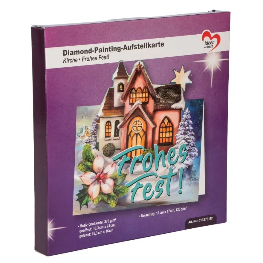 Diamond-Painting-Aufstellkarte, Kirche - Frohes Fest!, 16,3cm x 16cm, inkl. Zubehör