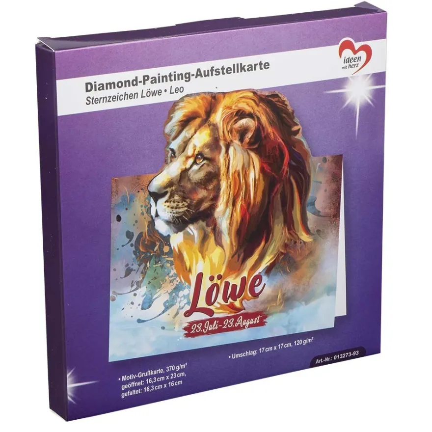 Diamond-Painting-Aufstellkarte, Sternzeichen Löwe, 16,3cm x 16cm, inkl. Zubehör