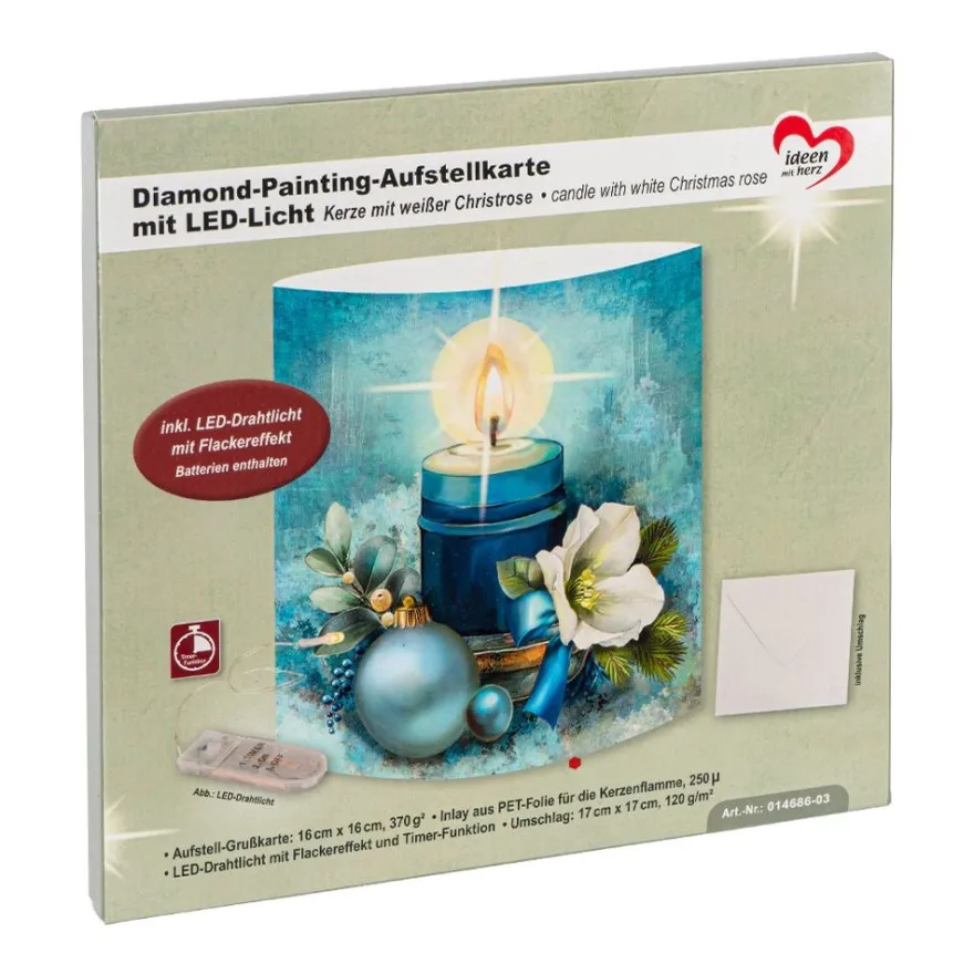 Diamond-Painting-Aufstellkarte mit LED-Licht, Kerze mit weißer Christrose, inkl. Timer