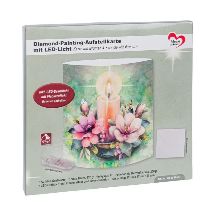Diamond-Painting-Aufstellkarte mit LED-Licht, Kerze mit Blumen 4, inkl. Timer