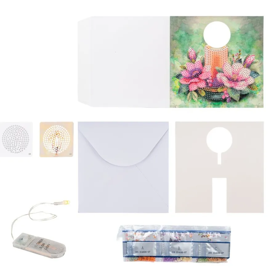 Diamond-Painting-Aufstellkarte mit LED-Licht, Kerze mit Blumen 4, inkl. Timer