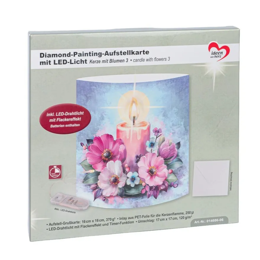Diamond-Painting-Aufstellkarte mit LED-Licht, Kerze mit Blumen 3, inkl. Timer