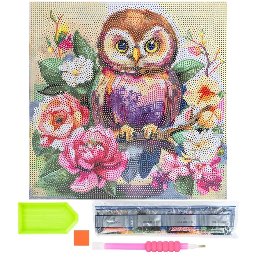 Diamond-Painting-Bild auf Keilrahmen, Eule mit Blumen, 30cm x 30cm, inkl. Werkzeug