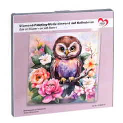 Diamond-Painting-Bild auf Keilrahmen, Eule mit Blumen, 30cm x 30cm, inkl. Werkzeug