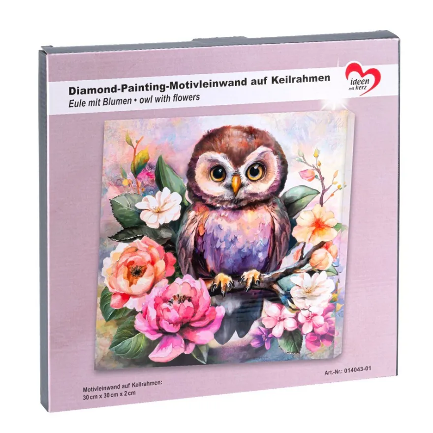 Diamond-Painting-Bild auf Keilrahmen, Eule mit Blumen, 30cm x 30cm, inkl. Werkzeug
